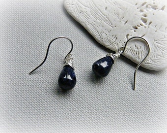 Sapphire earrings, sapphire silver earrings, deep blue sapphire drop earrings, sapphire wire wrap earrings, September birthstone, fall gift