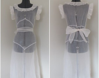 Vintage 1930s White Sheer Organdy Dress - Womens Bust 34 - Ruffle Collar and Sleeves