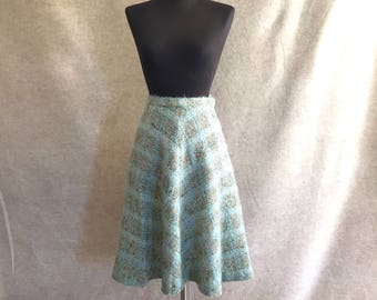 Vintage Wool Skirt, Plaid A-Line Skirt, 1950's Light Blue Light Green Pastel, Full Skirt, Waist 26, Size Small, SALE