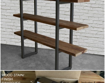 Urban Plank Wood Shelving/Storage/Bookcase with steel supports. Buy a Finish/stain sample kit here. Custom orders turnaround 4-5 weeks.