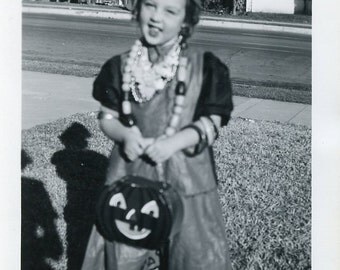 Little Girl In HALLOWEEN COSTUME With Jack-O-Lantern Pail For Her Treats Photo Circa 1950s