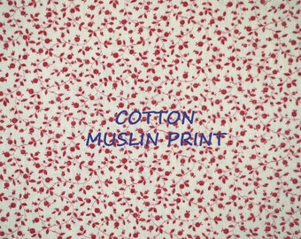 1 YARD, MUSLIN, White Red Floral Print, Fashion or Craft Fabric, Tiny Flowers, Lightweight Cotton, B15