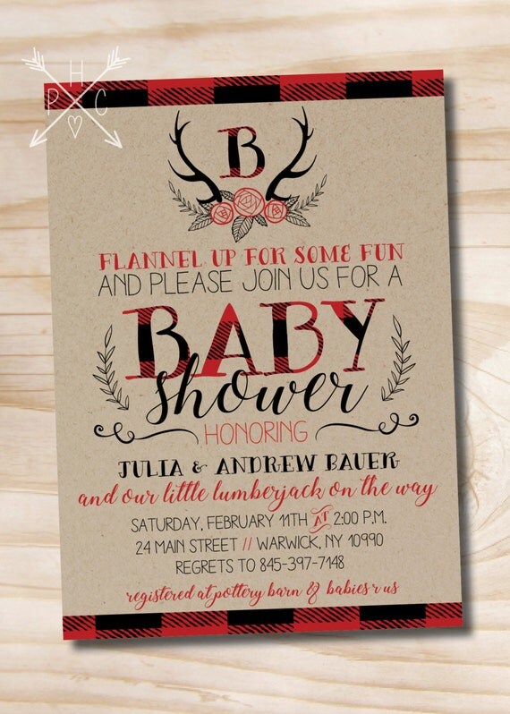 Lumberjack Baby Shower Invitation, Buffalo Plaid Baby Shower Invitation, Rustic Antler Baby Shower Invitation - Digital or Printed Invites Il_570xn