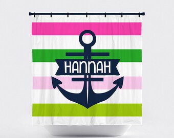 Shower Curtain, Horizontal Stripe, Striped, Preppy, Nautical, Anchor, Pink Green