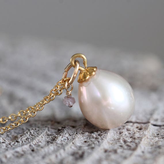 Pearl Teardrop Necklace - Ivory Pearl & Diamond Necklace