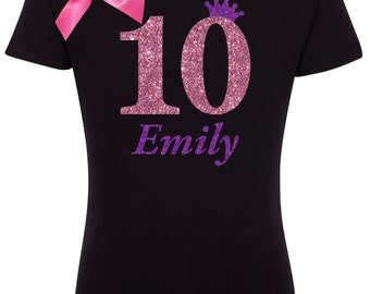 10th Birthday Shirt Tween Girls Outfit 10th Birthday Party Pink Sparkle 10 Black Tutu Skirt Personalized Name Shirt Princess Hair Bow
