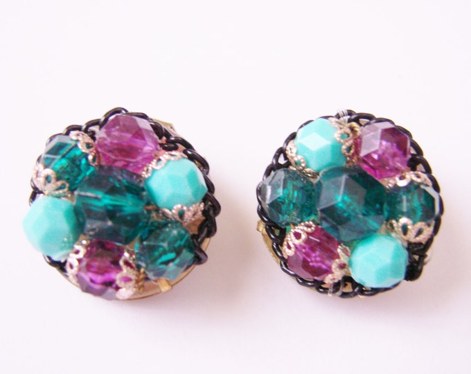 Vintage West Germany Cluster Earrings Green Turquoise Purple Glass Beads Goldtone Jewelry