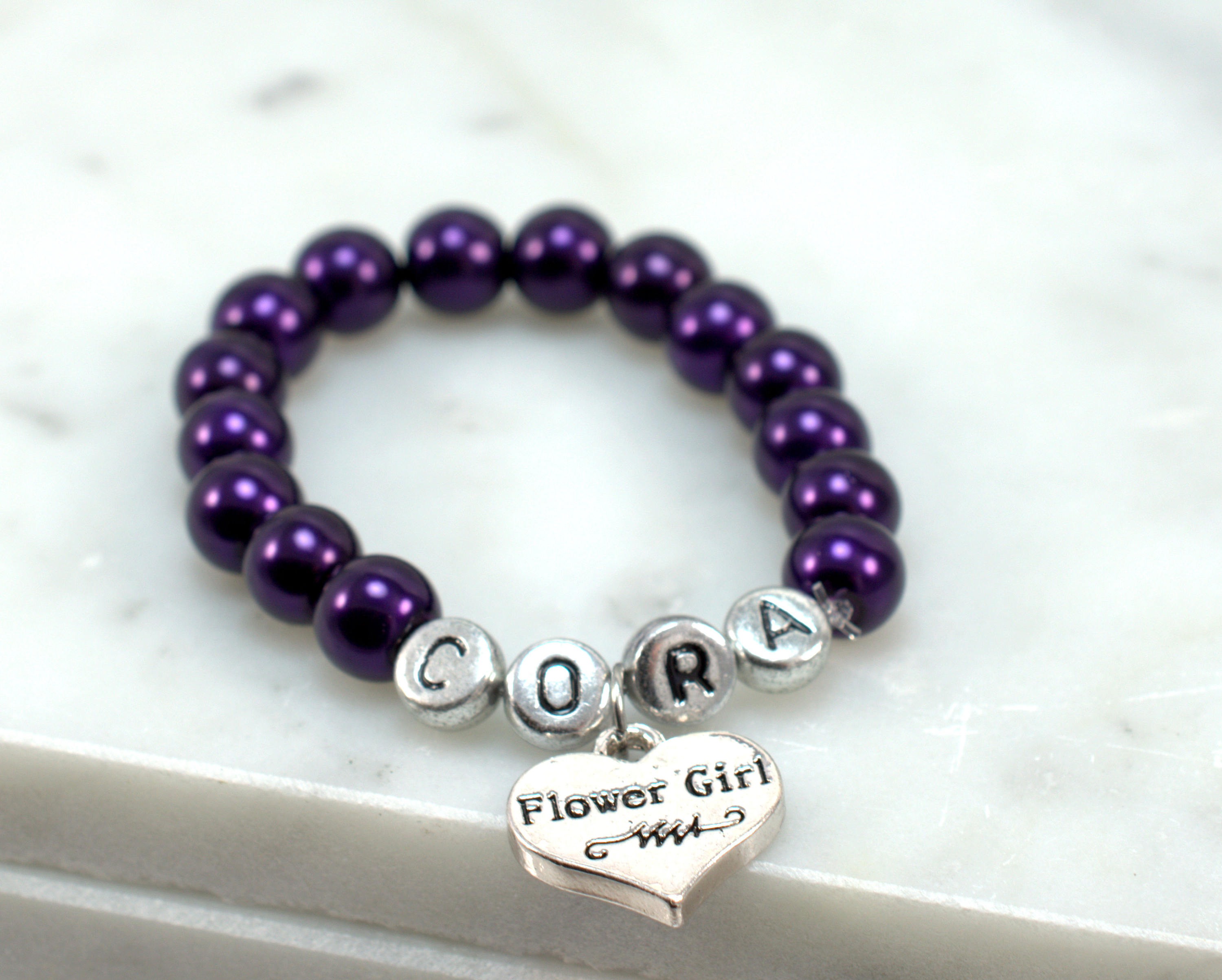 Name Flower Girl Bracelet Personalized Dark Purple Bracelet