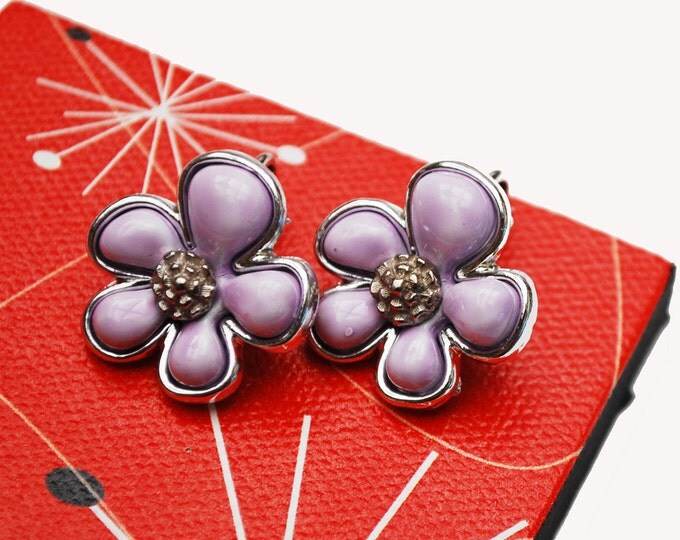 Coro flower earrings - Purple Thermoset - silver - clip on Earring