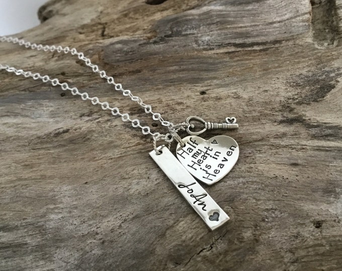Half My Heart Is In Heaven Necklace / Memorial Jewelry / Remembrance Jewelry/Bereavement Jewelry / In Memory of Mom Dad/ Key to my Heart