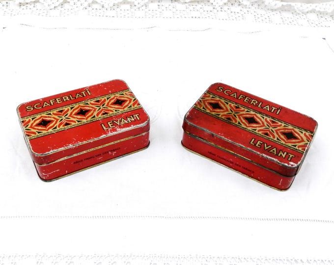 2 Vintage French Matching Metal Tobacco Tins "Scaferlati Levant" Red and Gold Graphics and Pattern, French Decor, Matching Pair, Retro Tin