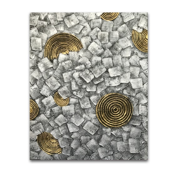 Metallic silver gold black impasto painting abstract art