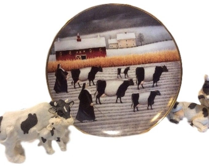 Lowell Herrero Vintage Farmhouse Decor, Holy, Cow Modern Farmhouse Wall Plate, Belted Galloway Cows, Nuns, American Folk Art, Franklin Mint