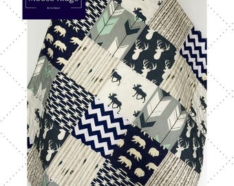 Baby Quilt Boy, Navy Gray Crib Bedding, Woodland Nursery Boy, Deer Baby Bedding, Navy Gray Nursery, Chevron Baby Quilt, Moose Ridge