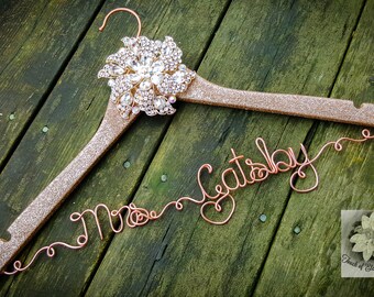 Wedding Dress Hanger - Vintage Brooch Bridal Hanger - Fairytale Wedding - Rose Gold Glitter Wedding Hanger - Original design - Unique Hanger