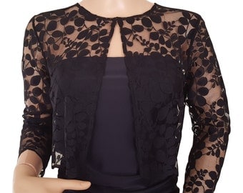 Leaf design lace jacket/bolero in Black or Navy with 3/4 sleeves in UK sizes 8 to 18