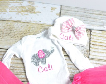 Baby girl Newborn outfit girl elephant and name, monogram newborn gown, baby girl take home outfit, baby girl elephant gown or bodysuit