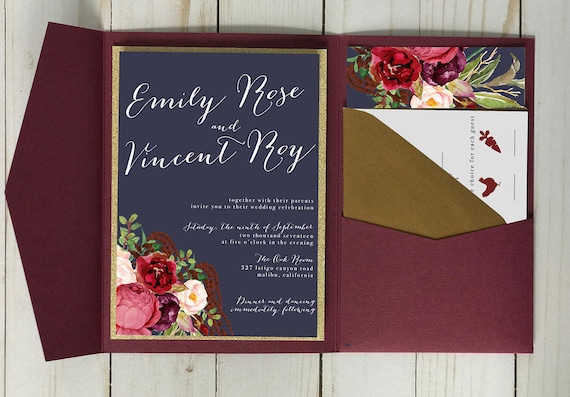 Burgundy and Navy Wedding Invitation with Gold Accents