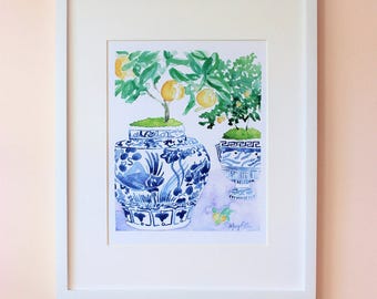 Citrus Trees and Blue Ginger Jars on a Light Lavender Table Cloth