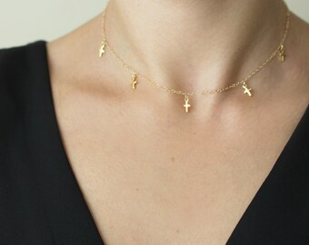 Cross Choker Necklace / Tiny Cross Choker / Dangle Choker Necklace