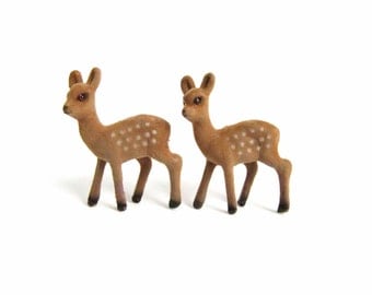 Small Flocked Deer Figurines, Vintage Craft Deer, White Spotted Fawns, Flocked Plastic Animals, Christmas Village Decor