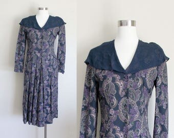 1980s Laura Ashley Dress | Paisley Dress | Drop Waist Dress | Floral Dress | Shawl Collar Dress | Small