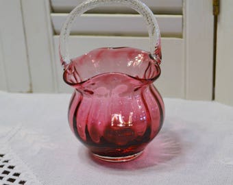 Vintage Cranberry Glass Basket Clear Handle Blown Glass Handmade PanchosPorch