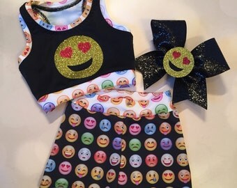 Emoji Heart Sports Bra Crop Top, Spandex Shorts, and optional Matching Cheer Bow Set / girls dancewear / cheer bra / 3D bow center