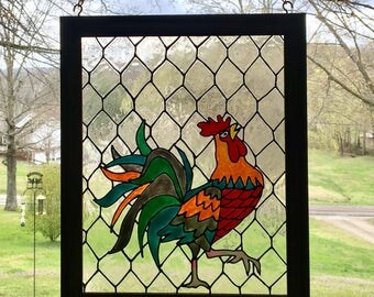 Rooster Kitchen Decor - Rooster Painting - Stained Glass Rooster - Stained Glass Suncatcher - Farmhouse Decor - Chicken Wire Decor - Rooster