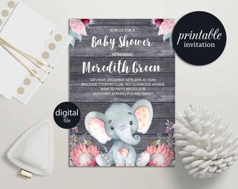 Elephant baby shower invitation Girl safari baby shower invitation printable, Girl Elephant Invitation Jungle Baby Shower Invitation Floral