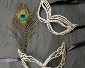 His and Hers Couple Masquerade Mask, Wedding Couples Mask, Couples Face Mask Set, Masquerade Mask Women Men, Rhinestone and Feather
