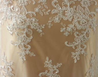Ivory Lace fabric by the yard, French Lace, Alencon Lace, Bridal lace, Wedding Lace, Garter lace, Pearl lace, Sequin Lace, Beaded lace