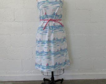 1970s Vested Gentress Dress // 70s Sailboats Dress // Vintage Nautical Sailor Novelty Print Dress