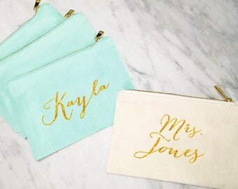 Bridesmaid Makeup Bag, Personalized Mrs Makeup Bag, Bridesmaid Gift, Personalized Pouch, Mint and Gold Canvas Bag, MANY COLORS