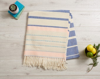 Mexican Blanket, Large Mexican Tablecloth, Large Picnic Towel, Beach Blanket . Sofa Throw, Bedspread . Pantone Blue, Cream and Rose . Serape