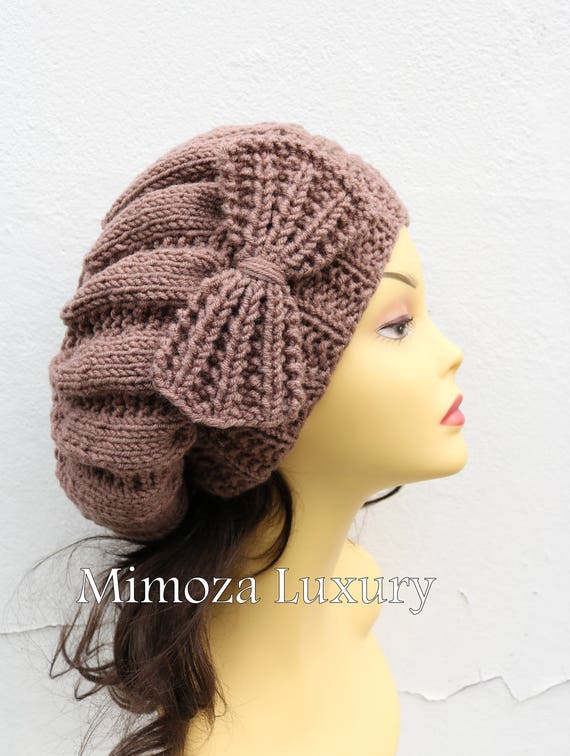 Taupe Mocha Brown Woman Hand Knitted Hat with Bow, taupe Beret hat with bow, mocha knit hat, slouchy knit women's hat with bow, winter hat
