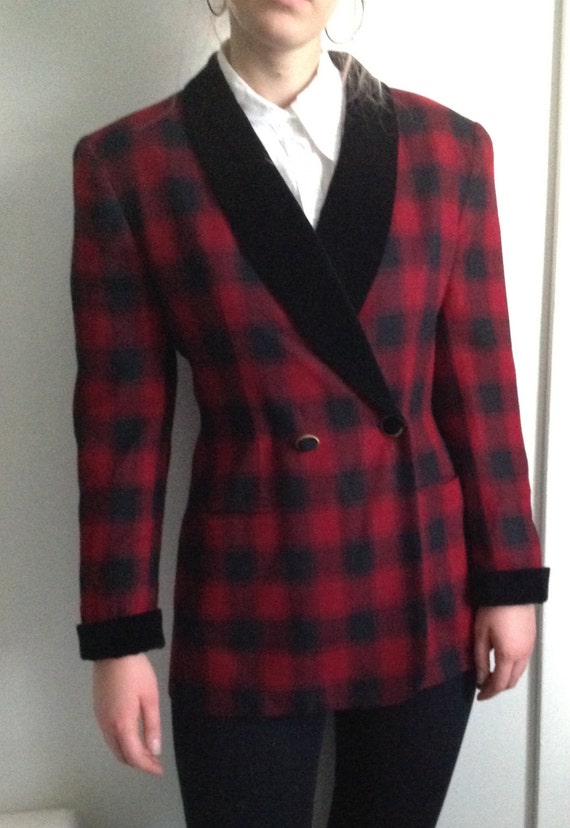 1980s Plaid Blazer Black and Red Plaid Check/ Tuxedo Jacket