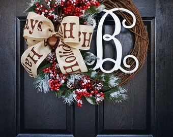 Christmas Grapevine Wreath with Burlap. Christmas Wreath. Holiday Wreath. Winter Wreath. Door Wreath. Monogram Wreath. Artificial Wreath.