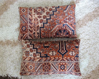 Chocolate tribal pillows -2 pcs /rug carpet kilim pillow/ silk tribal asian ethnic/ velvet couch pillow/ brown blue/ lumbar 12x20 in - pair