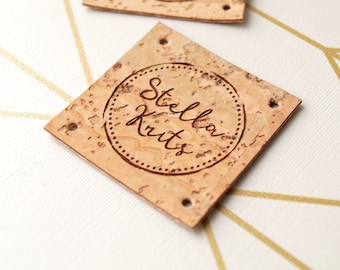 Cork leather labels, custom sew on labels, leather logo label, handmade labels, labels for knitted goods, personalized label tags, set of 25