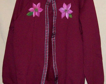 Clearance Sale Winter Ski Cardigan Sweater Maroon With Painted Poinsettia Size Large