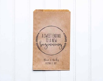 A Sweet Ending To A New Beginning Personalized Wedding Favor Bags - Candy Buffet, Popcorn Bar, Rehearsal Dinner, Engagement Party