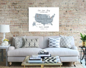 50th Anniversary Gift Love Story Map Wall Art Us Map Anniversary Gift Canvas Print Gift For Parents Gift For Husband Travel US Map - 38477