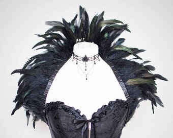 Feather Stole "Corvus" Gothic Shrug Wrap Collar Shawl Black Accessory Costume Fantasy Cosplay Pagan Steampunk Vampire Fairy Halloween Party