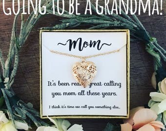 Surprise! You're going to be a grandma! Silver Locket Necklace with Message! Free gift wrap! Pregnancy announcement!