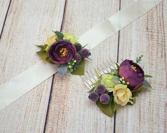 Bridesmaid set Flower comb Flower corsage Bracelet for bridesmaid Bridesmaid hair Flower girl bracelet Flower girl set Floral hair comb Plum