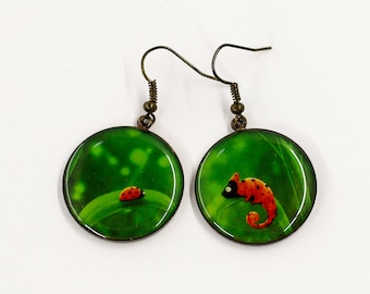 Green earrings Ladybug earrings Different earrings Resin earrings Fashion jewelry Funny gift for her birthday gift for girlfriend gift women