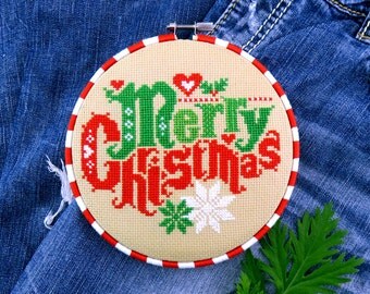 Christmas Cross Stitch Pattern – Merry Christmas – Modern Cross Stitch Chart – Vintage Cross Stitch – Counted Cross Stitch Pattern