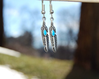 Turquoise Feather Earrings, Simple Silver Everyday Dangle Earings, Boho Chic Bridesmaid Jewelry, Ethnic, Hippie Tribal Gift Ideas for her