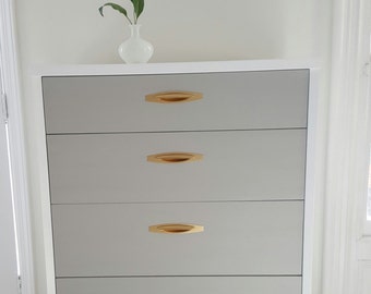 Sold#Lovely mid Century dresser, vintage dresser painted gray,white and gold, tallboy, painted furniture nj